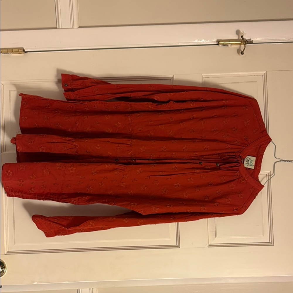 Red Long Sleeve Boxy Blouse with Mandarin Collar